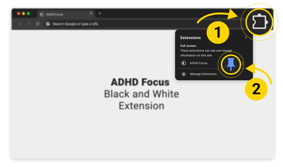 Chrome extensions menu with ADHD Focus - Black And White pinned